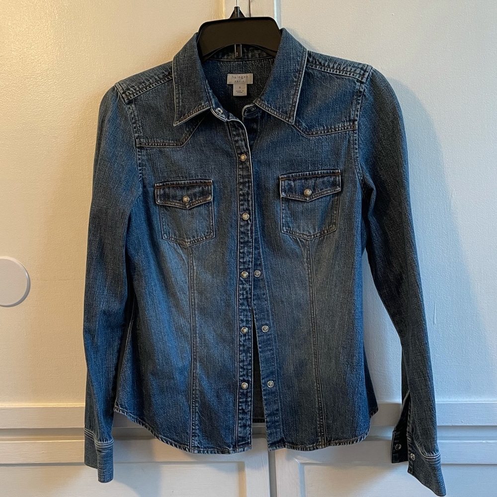 Halogen Denim Shirt Snapped Button Down Long Sleeve Two Front Pockets Size S